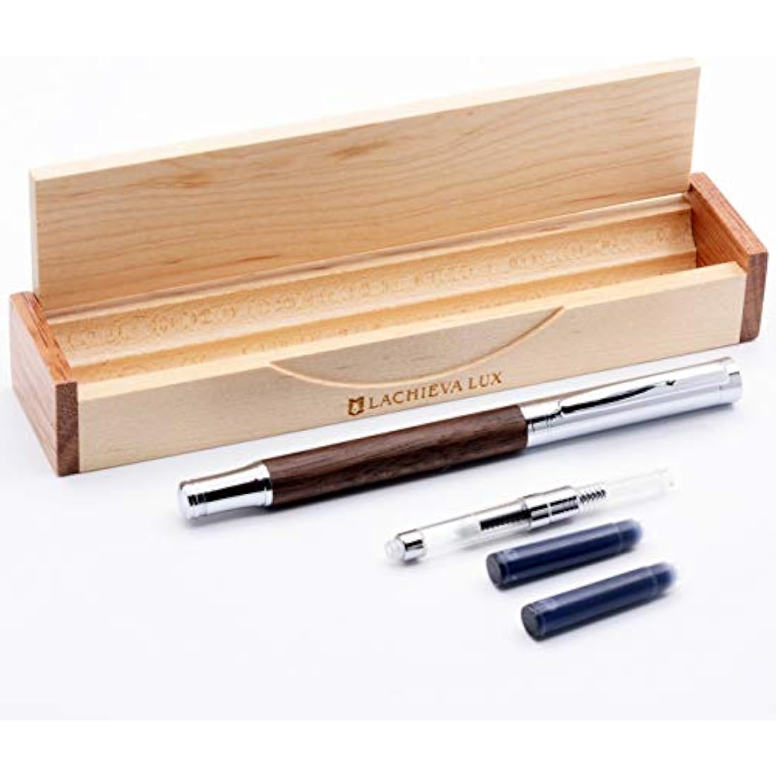LACHIEVA Luxury Walnut Fountain Pen, Nice Pen with German-made Fine Nib, Converter, Cartridges. Nice Wood Pen Set for Men & Women. Best and Professional, Executive, Office Gift