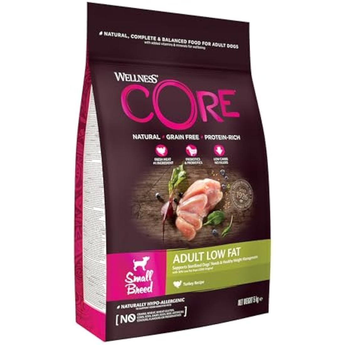 Wellness CORE Small Breed Low Fat, 5kg, Turkey, Dry Dog Food for Small Breeds, Grain-Free, High Meat Content, Protein-Rich, Low in Fat, Supports Healthy Weight Management