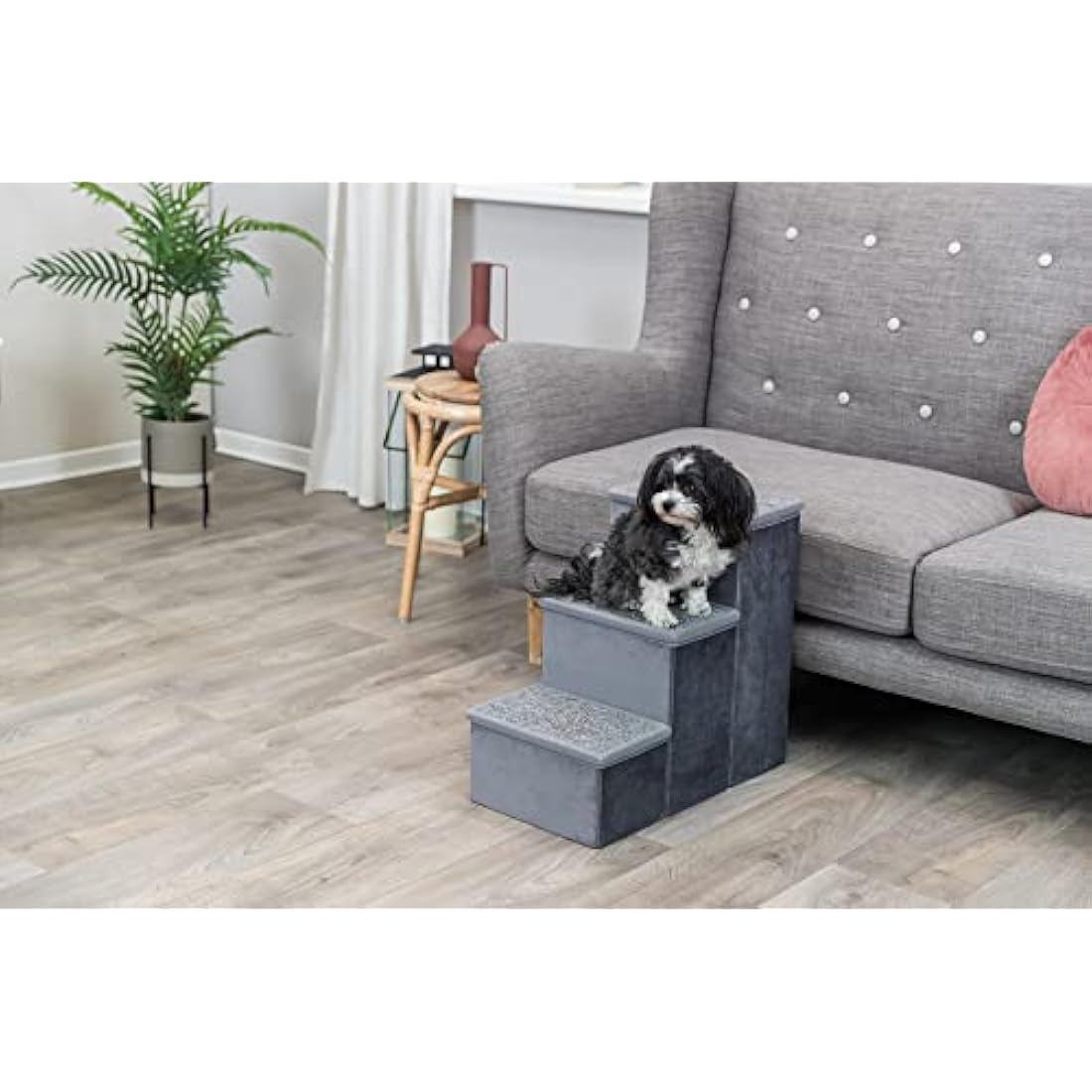 TRIXIE Velour Foldable 3-Step Pet Stairs with Storage, Collapsible, Storage Compartments for Pet Toys