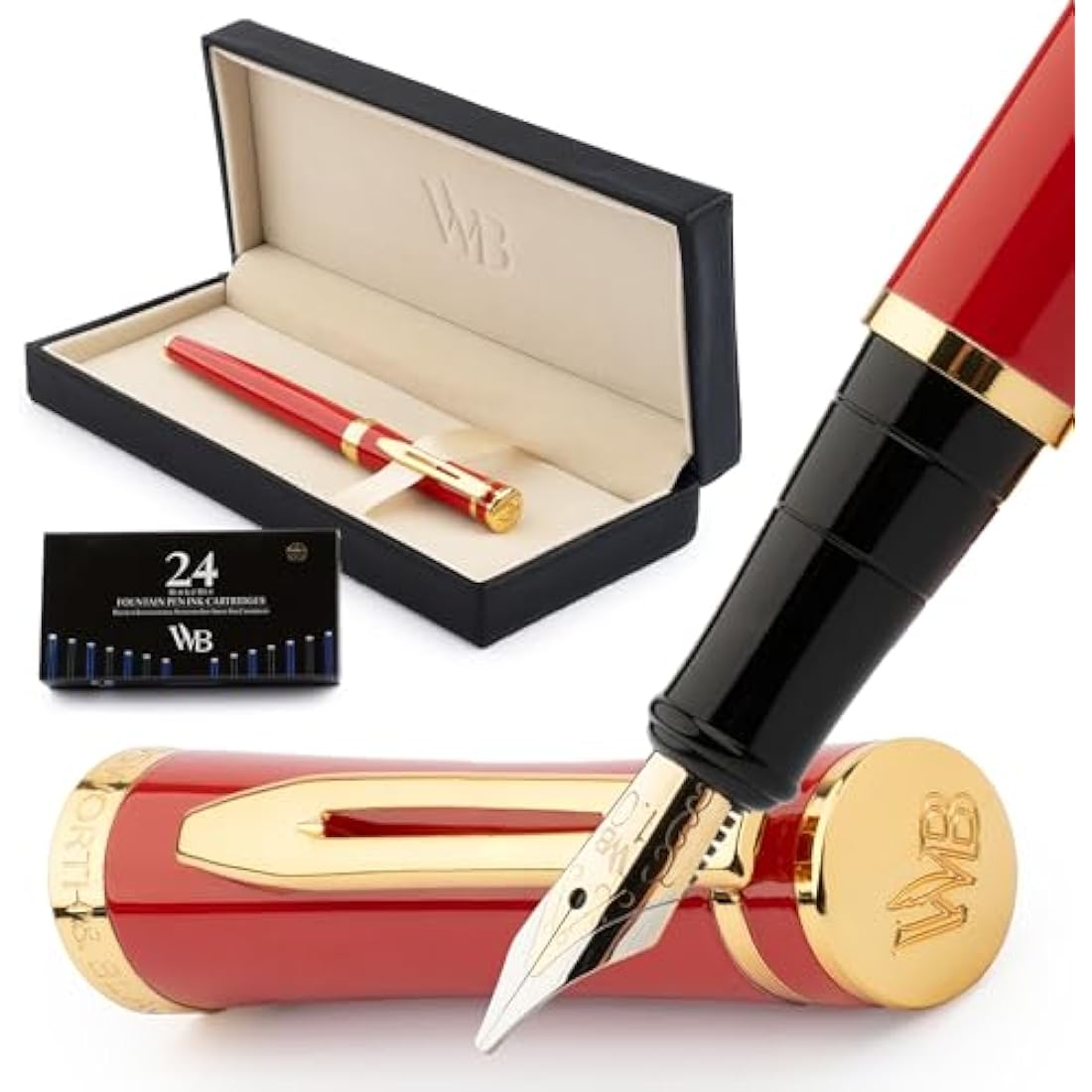 Wordsworth & Black Fountain Pen Set, 18K Gilded Broad Nib, Includes 24 Pack Ink Cartridges, Ink Refill Converter & Gift Box, Gold Finish, Calligraphy, [Crimson Red], Perfect for Men & Women