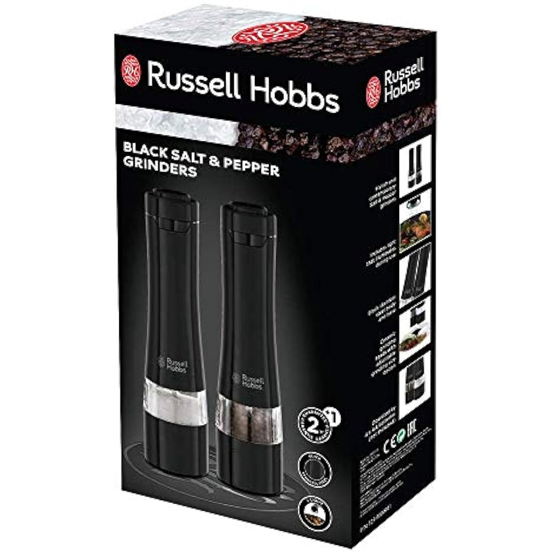 Russell Hobbs 28010-56 Electric Salt and Pepper Mill Set [2 Automatic Grinders] Black Stainless Steel (Adjustable Grinding Fineness, Ceramic Grinding Wheels, for Dried Spices, LED Lighting)