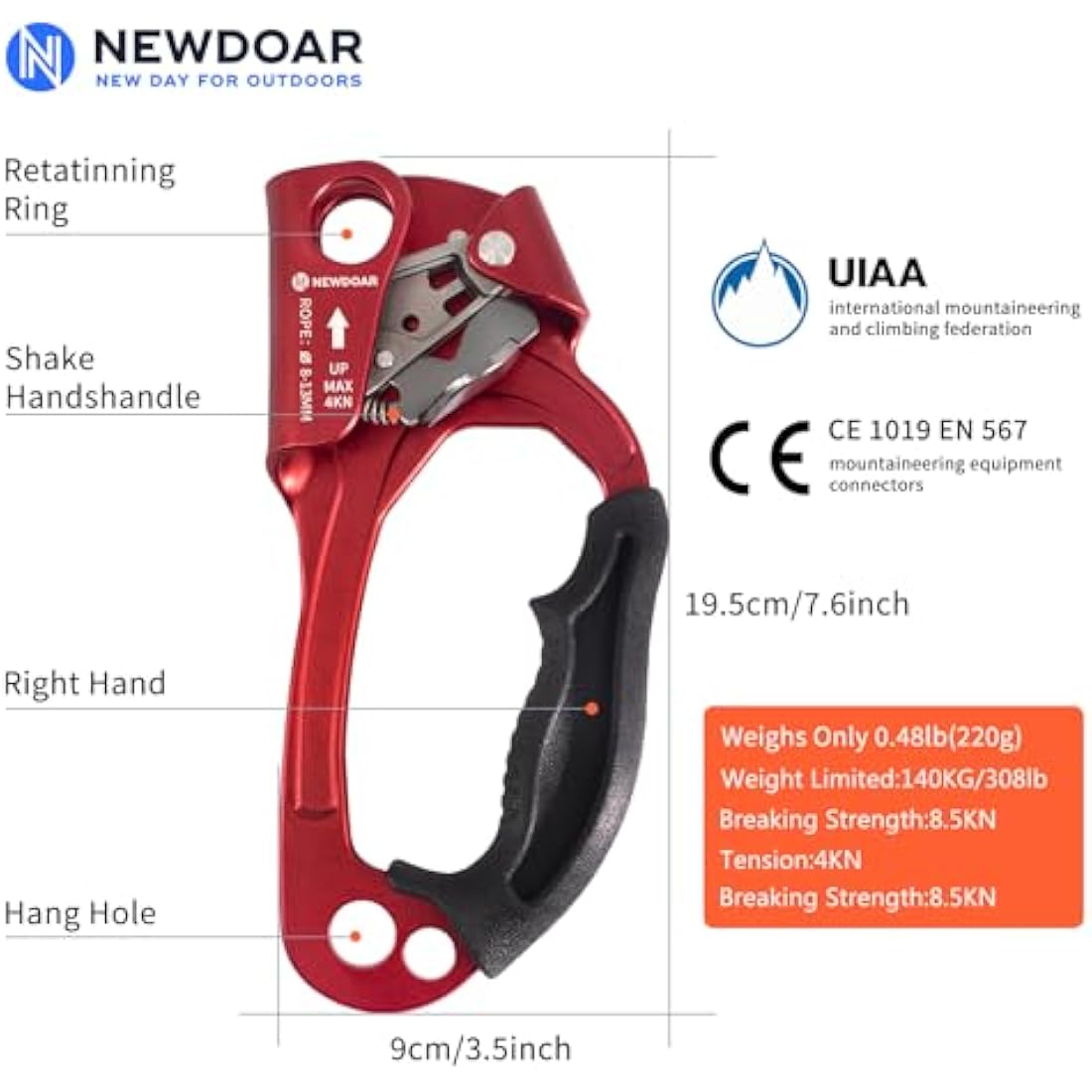 NewDoar UIAA & CE Certified Hand Ascender Rock Climbing Tree Arborist Rappelling Gear Equipment Rope Clamp for 8~13MM Rope