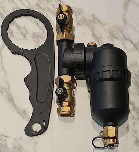 Magnetic Boiler Filter 22mm Inline Sludge Remover for Central Heating Systems - Includes Isolating Valves - NEW Improved 12000 Gauss Magnet TC-FILTER v2