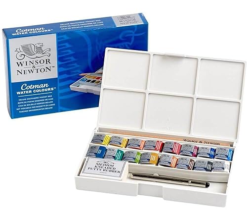 Winsor & Newton, Cotman Watercolour, ‘Complete Pocket Set’, 16 x Half Pans + 1 x Travel Brush PLUS 1 x Kneaded Eraser + 1 x Pencil