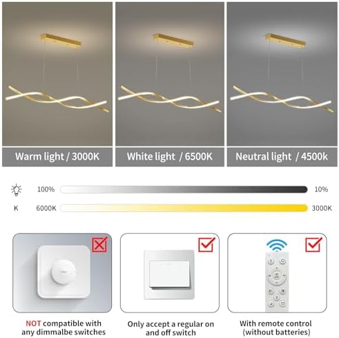 Mikeru 120cm Modern Wave Pendant Light, Gold Kitchen Island Lights Dimmable 10% to 100% Height Adjustable Chandelier 3000K/4500K/6000K 3 Color Change with Memory Function for Restaurant