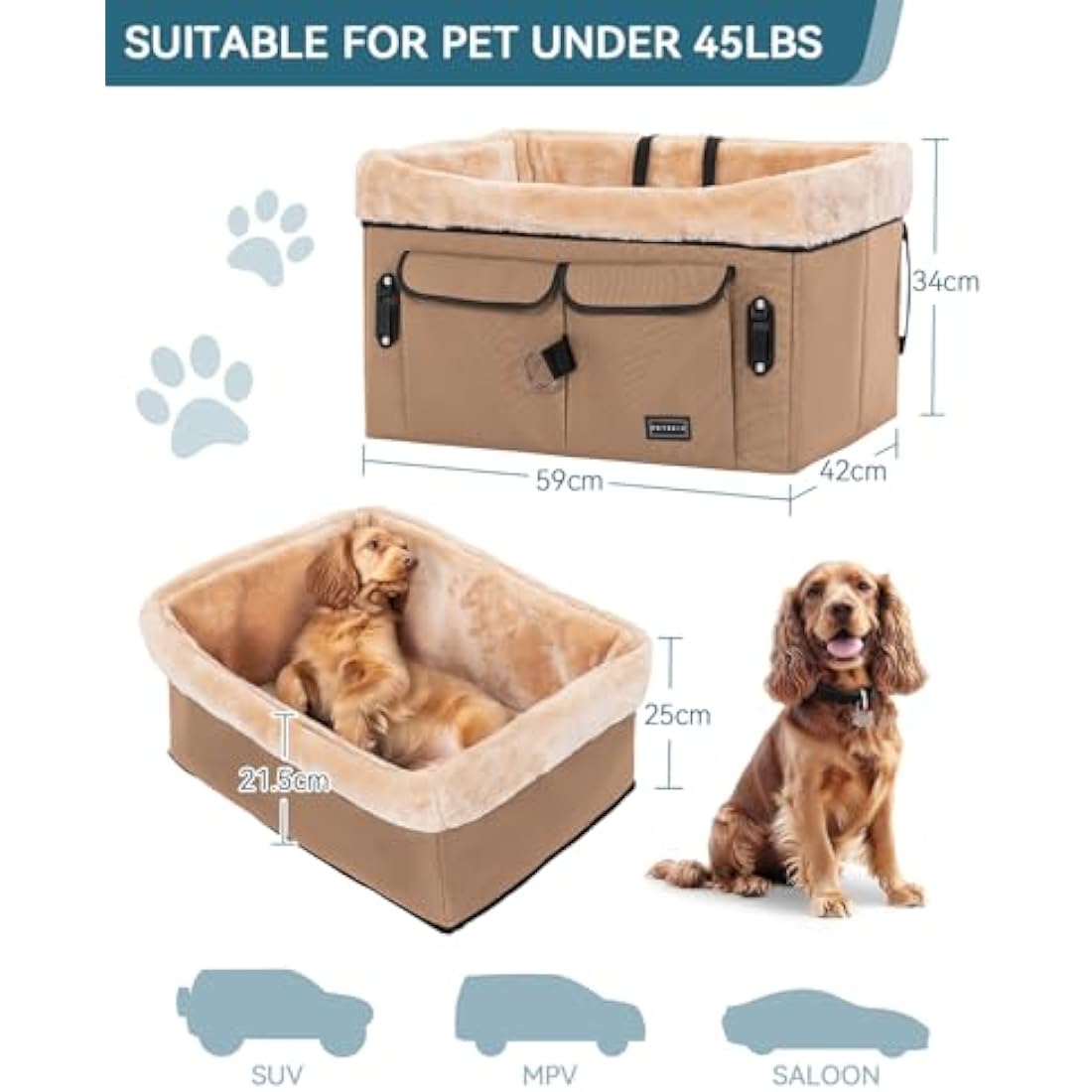Petsfit Dog Car Seat Medium Sized Dog, with Patent Buckles, Washable Pad, Upgraded Booster Car Seat Up to 20 KG, Khaki