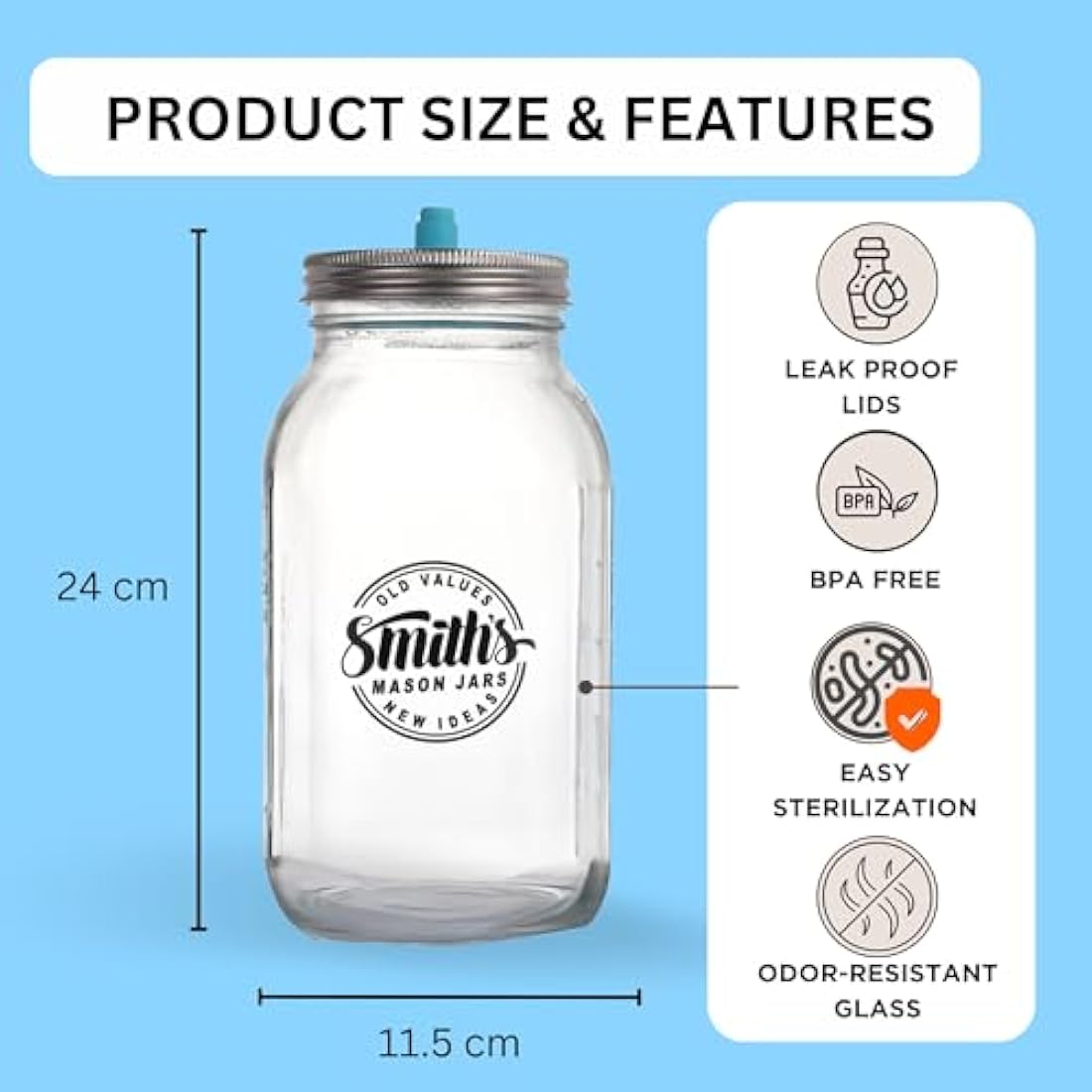 Smiths Fermentation Jars 2L – 2 Pack Glass Fermenting Jars with Airlock (1 Gas-Release Lid & 1 Storage Lid) – Used as Kimchi Container, Pickles, Kefir Jar, Kombucha, & Sauerkraut Fermentation Jar