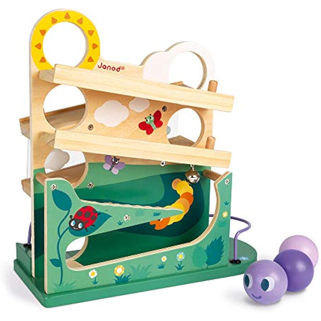 Janod - Wooden Caterpillar Ball Track - Toddler Manipulation and Dexterity Toy - For children from the Age of 1, 08055, Multicolored