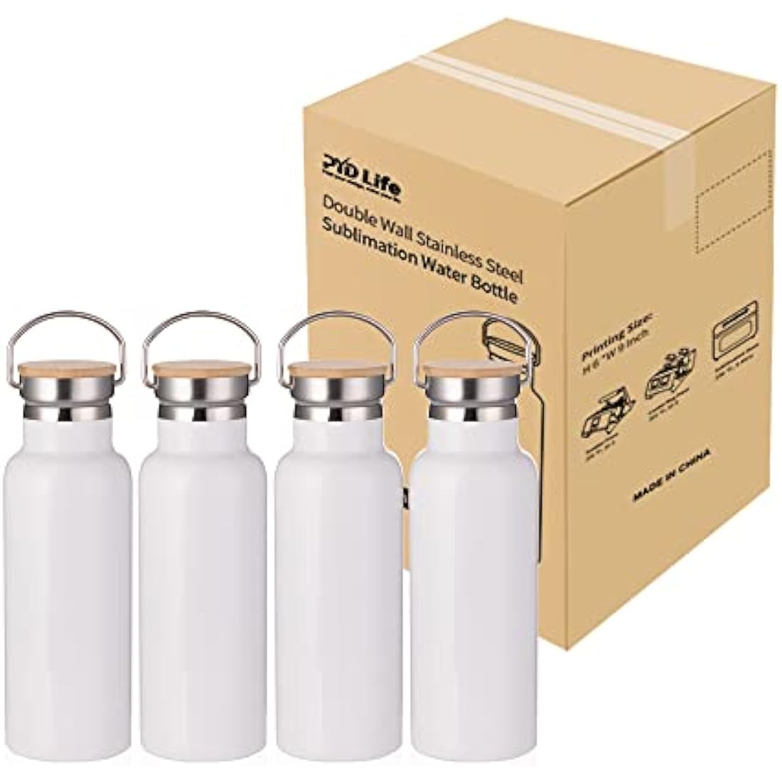 PYD Life Sublimation Water Bottle Blanks White 17 OZ Stainless Steel Sports Bottle Vacuum Flask with Bamboo Lid for Tumbler Heat Press Sublimation Print 4 Pack