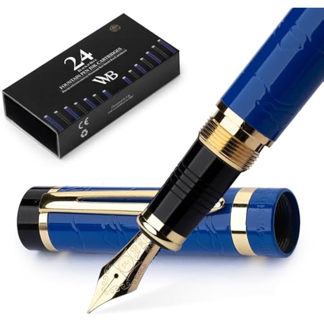 Wordsworth & Black Primori Fountain Pen Set [Blue Gold]; Fine Nib, Gift Case, 24 Ink Cartridges, Refill Converter, Instructions; Journalkeeping, Calligraphy, Fluid Writing