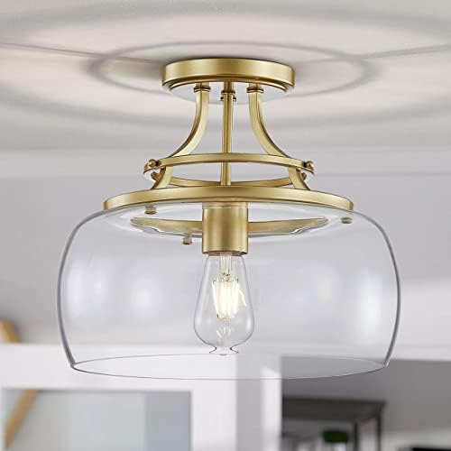 WUZUPS Chandelier Rustic Farmhouse Industrial Round Semi-flushmount Ceiling LED Light Fixture with Clear Glass Shades for Bathroom Kitchen Foyer Entryway, H 30 x W 34, E27 Base, Gold