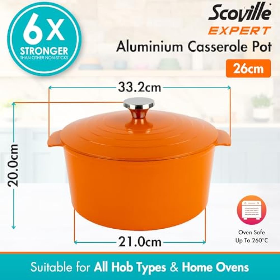 Scoville EXPERT Neverstick+ 26cm Round Casserole Pot with Lid, 6.5L, Deep Non Stick Casserole Pot for Hob and Oven, Lightweight Thick Gauge Aluminium, Dishwasher Safe, PFOA Free, Orange
