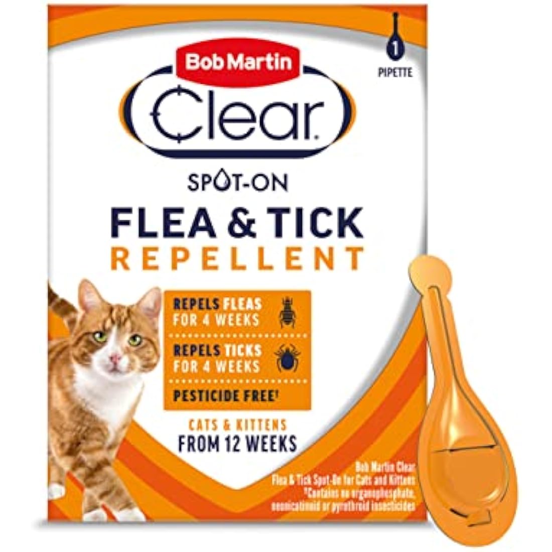Bob Martin Clear Spot On Flea and Tick Repellent for Cats and Kittens - Pesticide-Free Protection (1 Pipette)