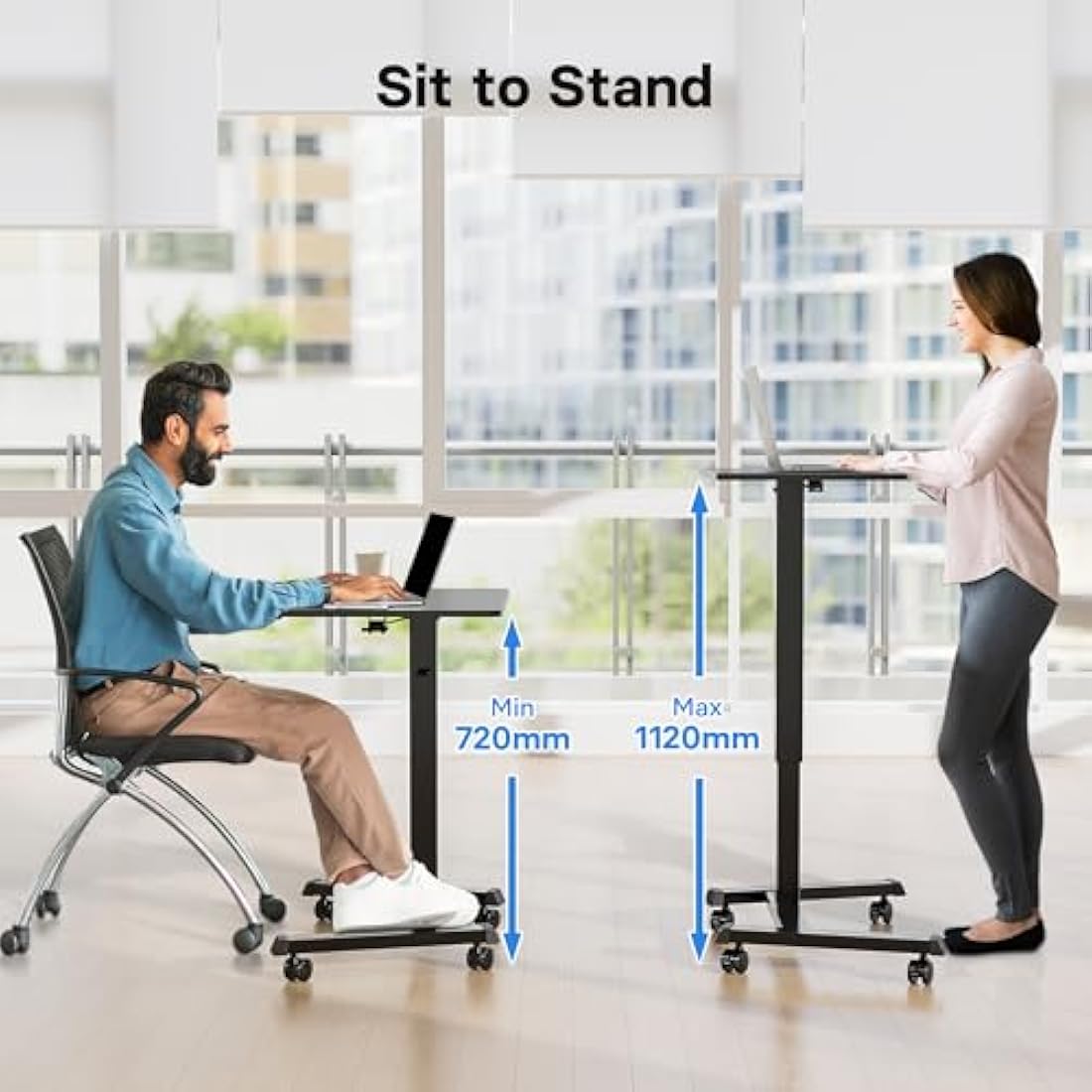BONTEC 65×45 cm Mobile Standing Desk with 4 Rolling Castors, Height Adjustable Desk on Wheels, Portable Stand Up Desk, Over-Bed Table for Living Room, Bedroom, Medical Use, Ergonomic, Space Saving