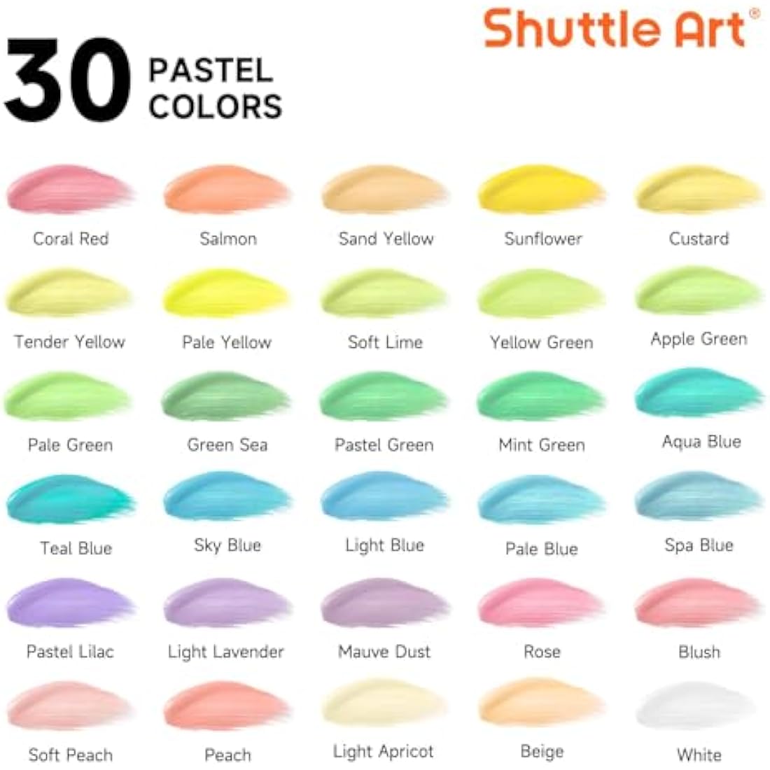 Shuttle Art 40 Pack Pastel Acrylic Paints Set, 30 Colours with 10 Paint Brushes, 60ml/2oz Bottle, High Viscosity, Waterproof for Painting & Crafting on Canvas, Rock, Ceramic, Fabric