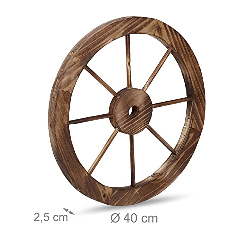 Relaxdays Wagon Wheel, Wood, Set of 2, Decoration for Garden, Terrace, Veranda, Rustic Cartwheel, Saloon, Western, Brown, 40 x 40 x 2.5 cm