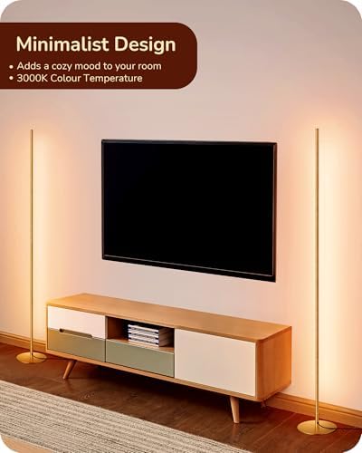 EDISHINE LED Floor Lamp, 146cm Minimalist Dimmable Standing Lamp with Foot Switch, Stepless Dimming, Tall Corner Lamp for Living Room, Bedroom, Office, 3000K, Gold