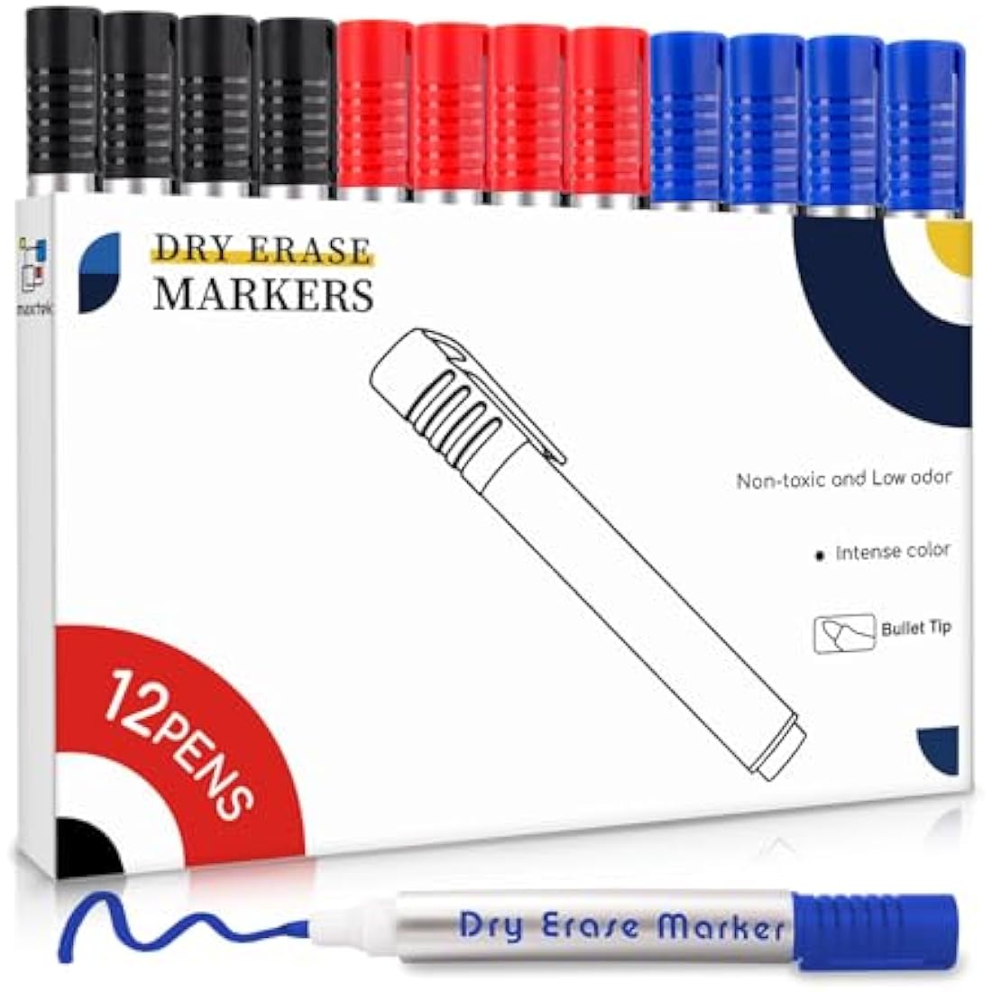 maxtek Whiteboard Pens, 12pcs Whiteboard Markers 3 Assorted Colours Black Blue Red Dry Erase Pens for Office, Schools, Home, Bullet Tip Dry Wipe Pens