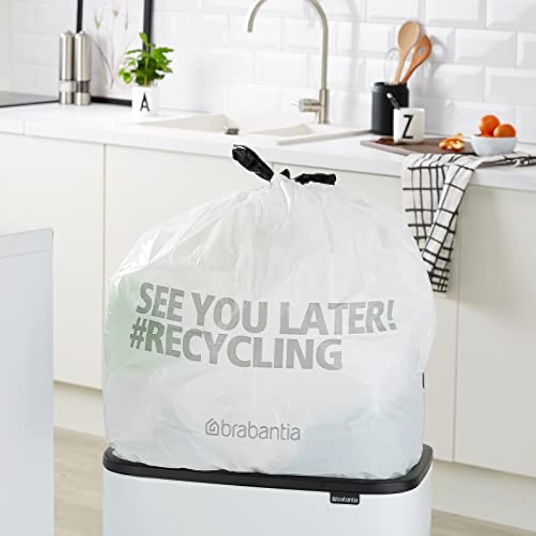 Brabantia PerfectFit Bin Liners (Size M/60 Litre) High Quality Thick Plastic Trash Bags with Tie Tape Drawstring Handles (30 Bags), White