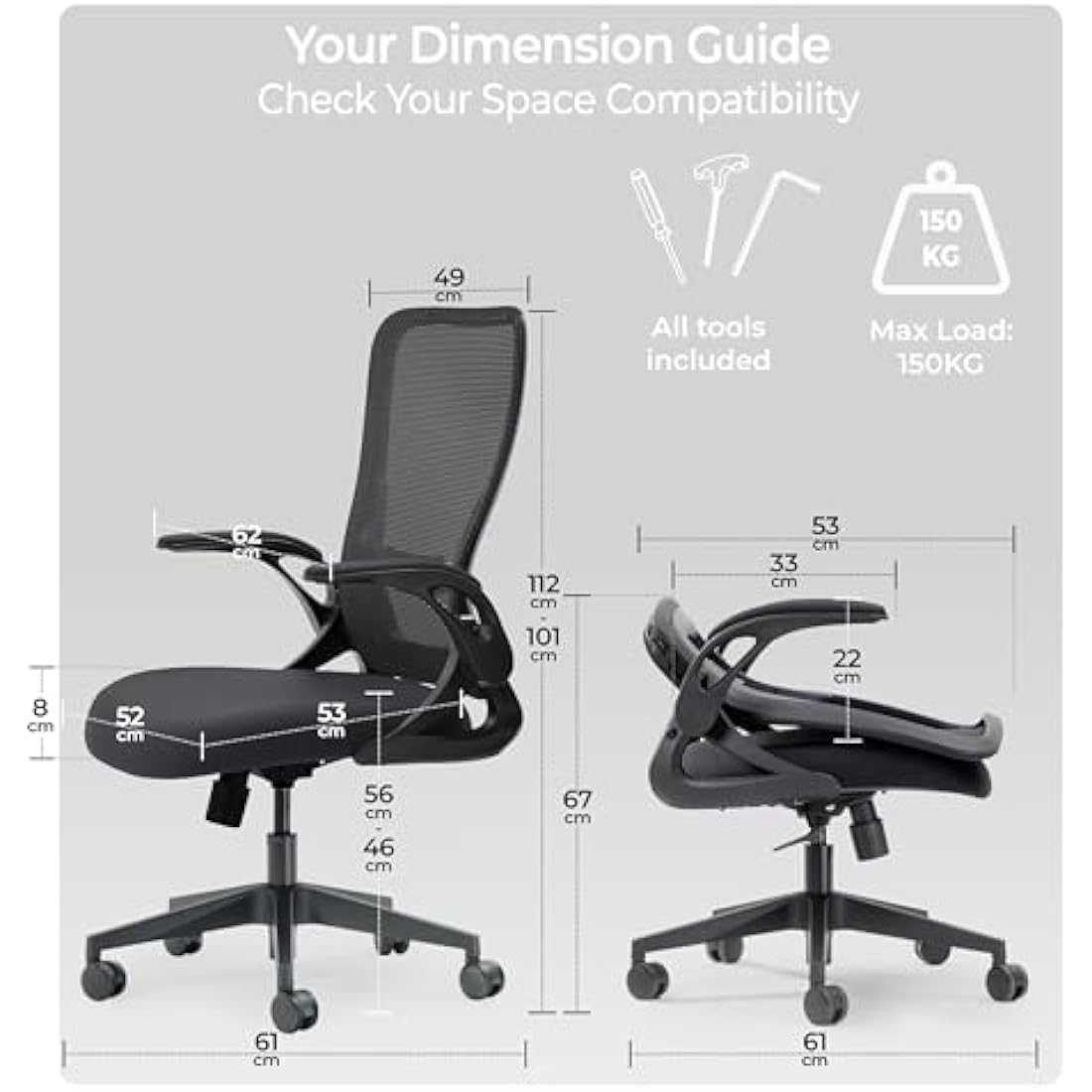 Tervo Model U | Folding Office Chair for Small Spaces | Ergonomic Design with High Rebound Mesh | Computer Desk Chair for Gaming | For Adults & Kids | Foldable & Compact with Flip Up Arms