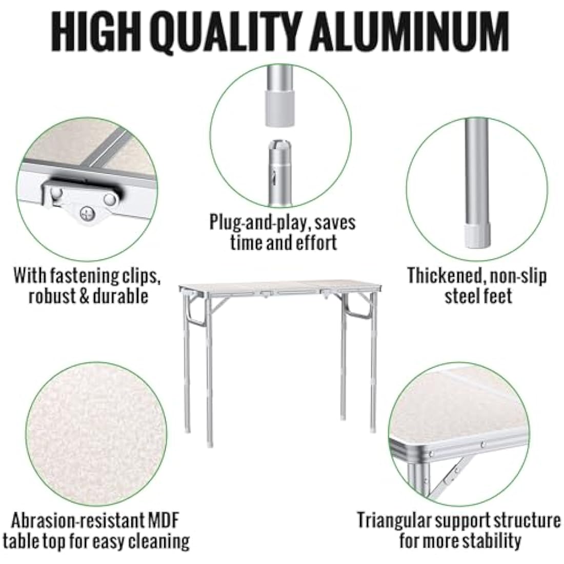 GARLLEN Folding Camping Table, 3-Adjustable Height Portable Folding Picnic Table with Storage Bag, Lightweight Aluminum Outdoor Table for Picnic, Camping, BBQ, 34.2" L x 15.7" W, Silver