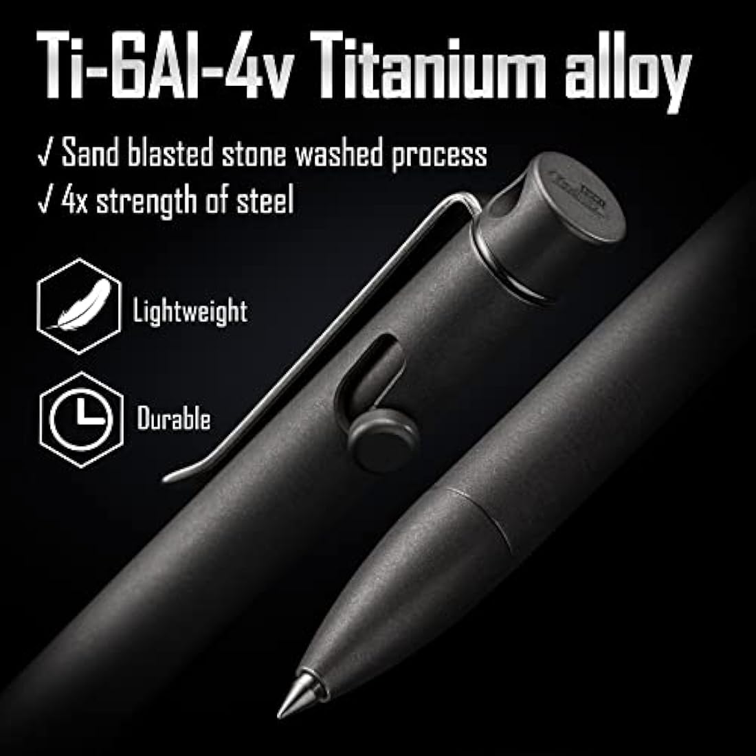KeyUnity KP01 Ballpoint Pen with Clip, Personalised EDC Pocket Pen Made of Titanium Alloy, Retractable Metal Pen for Daily Use, Sandblasted Finish