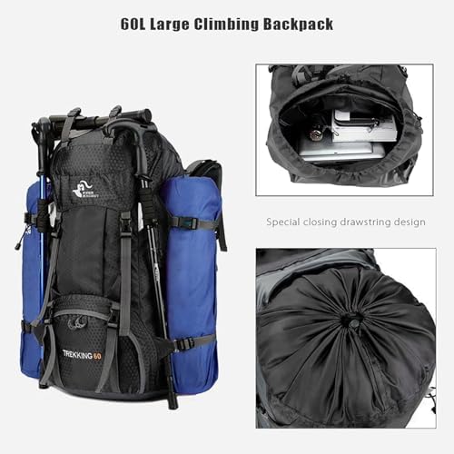 Bseash 60L Waterproof Hiking Camping Backpack with Rain Cover, Lightweight Outdoor Sport Travel Daypack Rucksack for Climbing Skiing