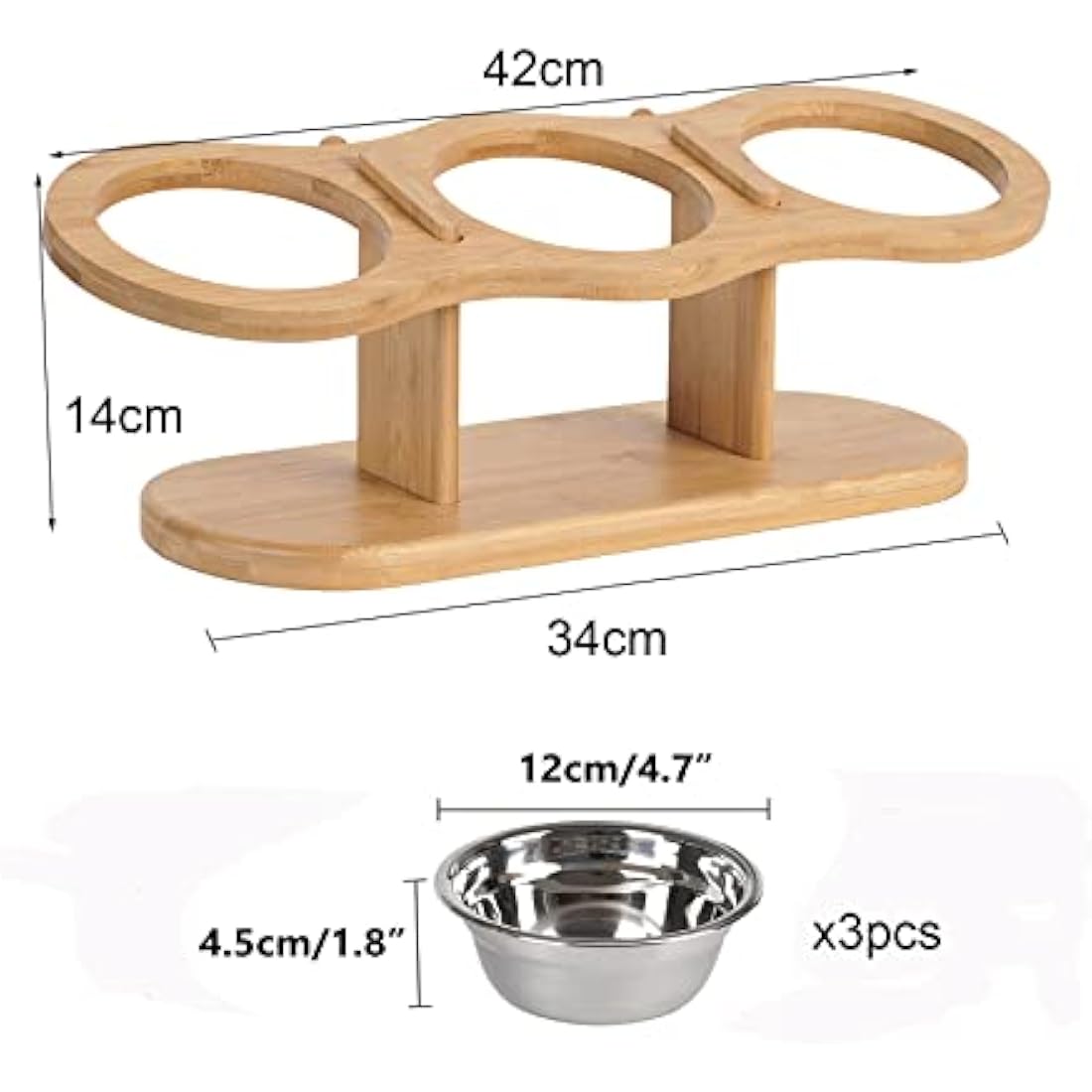 GHIAKQYT Cat Feeding Station, 3 Bowls, Raised Cat Bowl, Set of 3, Height Adjustable, Feeding Bowl with Wooden Stand, Stainless Steel Bowls for Water Food, Feeding Bowl for Cats, Small Dogs