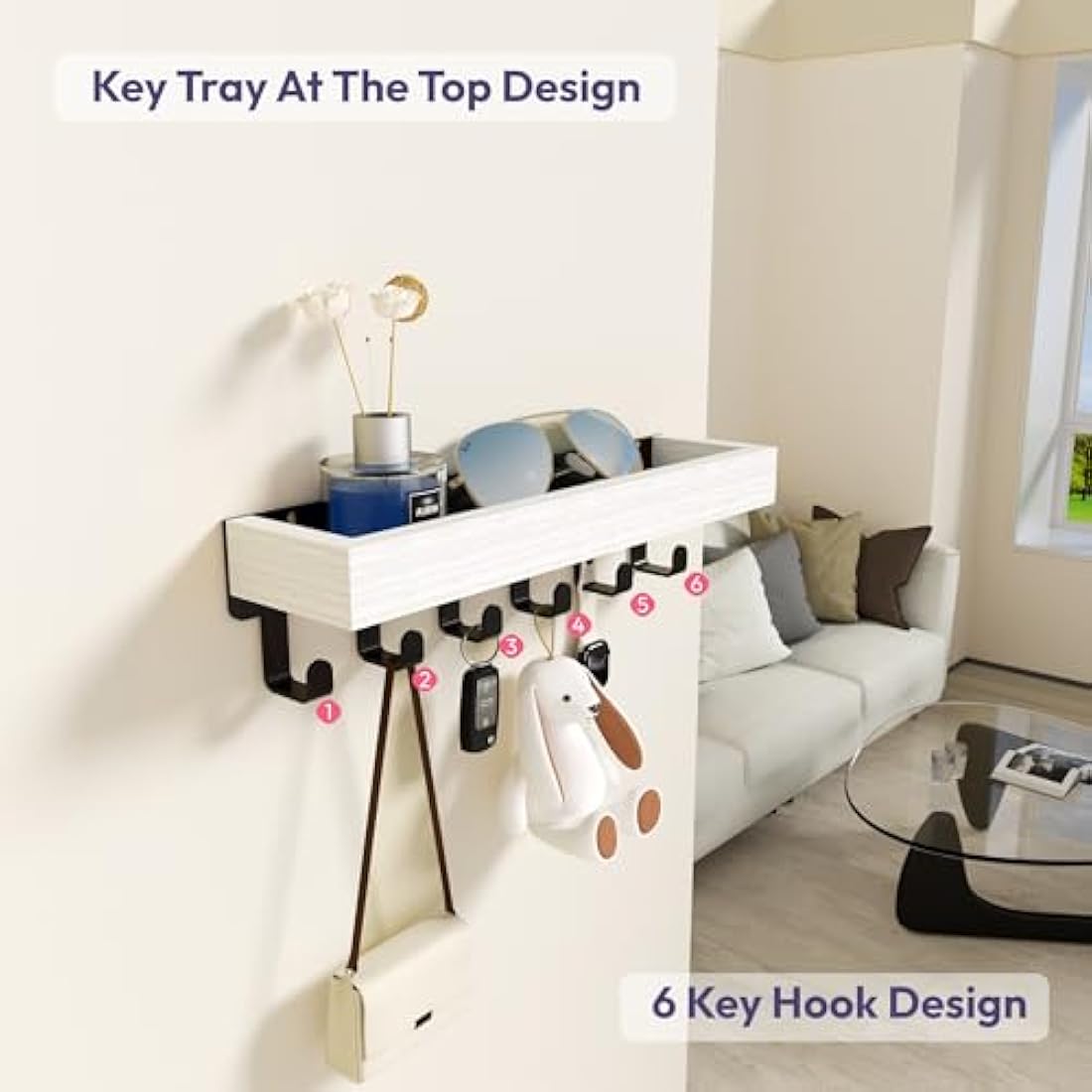 SWTYMIKI Key Holder with Wood Tray and 6 Hooks, Wall Mounted Key Racks, Key Hangers Home Decor Key Rack Mail Organizer for Hallway, Entryway, Bedroom, Mudroom, Office