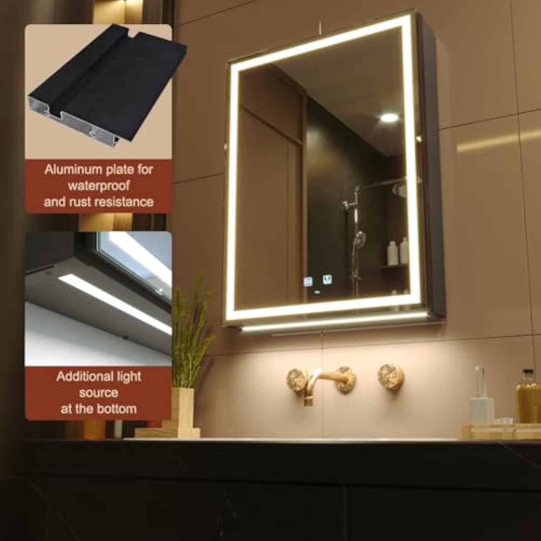 KWW 50 x 70 cm LED Lighted Bathroom Medicine Cabinet with Mirror, Defogger, Dimmer, 3 Color Light Makeup Mirror, Easy to Install, Wall Mounted Medicine Cabinet without Socket & USBs