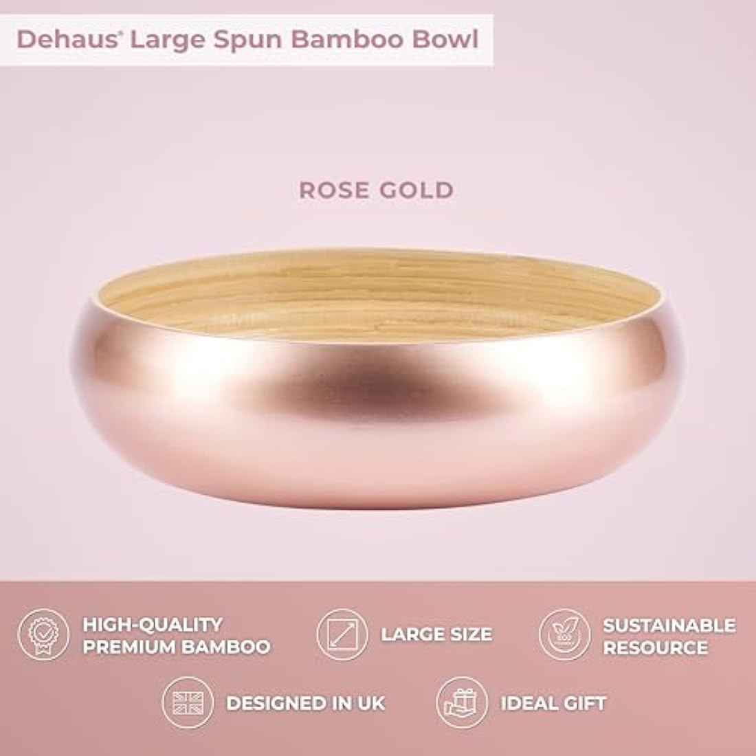 Dehaus® Large Stylish Bamboo Fruit Bowl - 30cm, Rose Gold - Wooden Salad Serving Bowl - Fruit Basket for Kitchen or Bread Basket - Table Centrepiece Decoration - Home & Kitchen Tableware Accessories