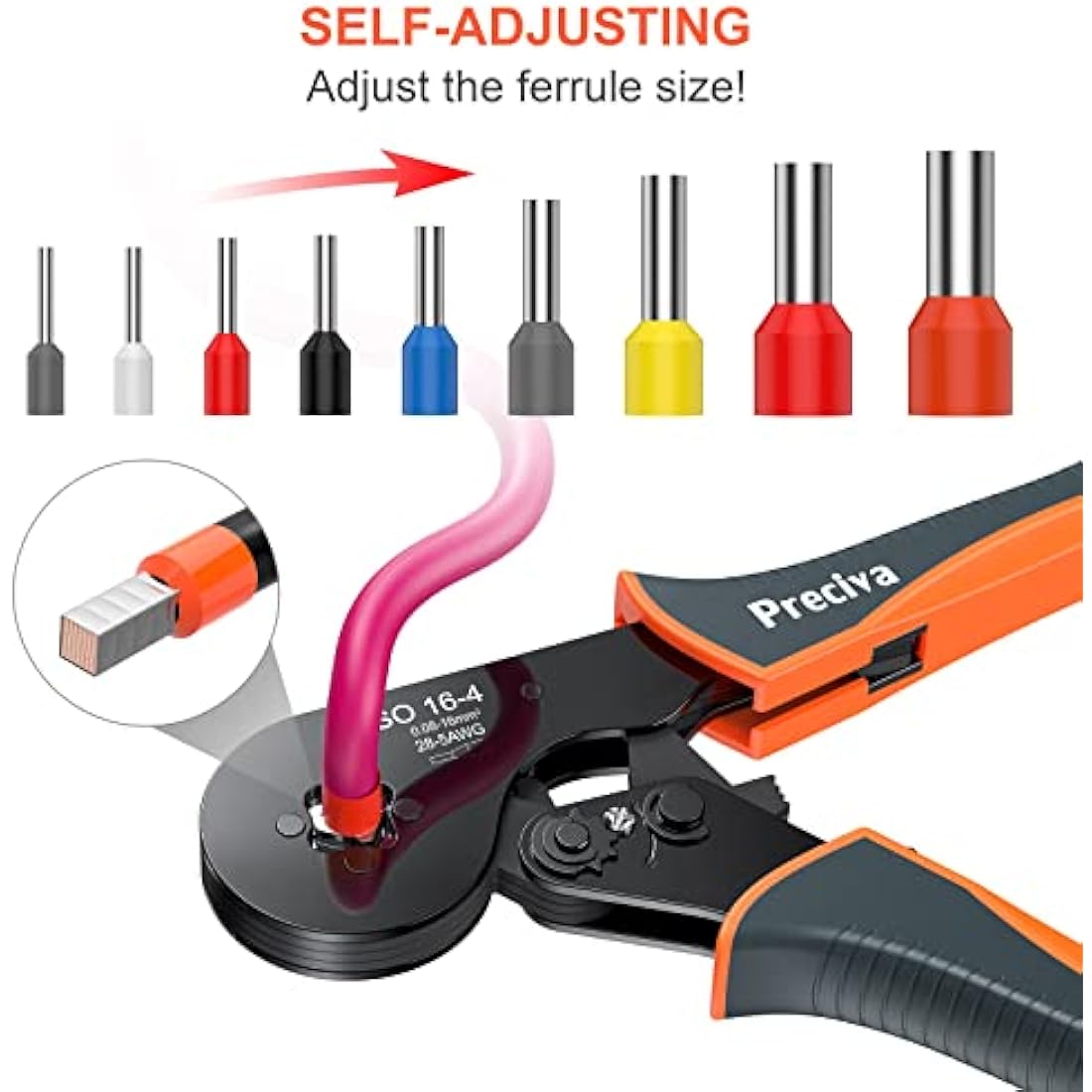 Bootlace Ferrule Crimping Tool, Preciva 0.08-16mm²/AWG 28-5 Ferrule Crimper-Tool with 1200pcs Ferrules, Self-Adjsutable Ratchet Wire Crimping-Tool,Wire Terminal Device Set
