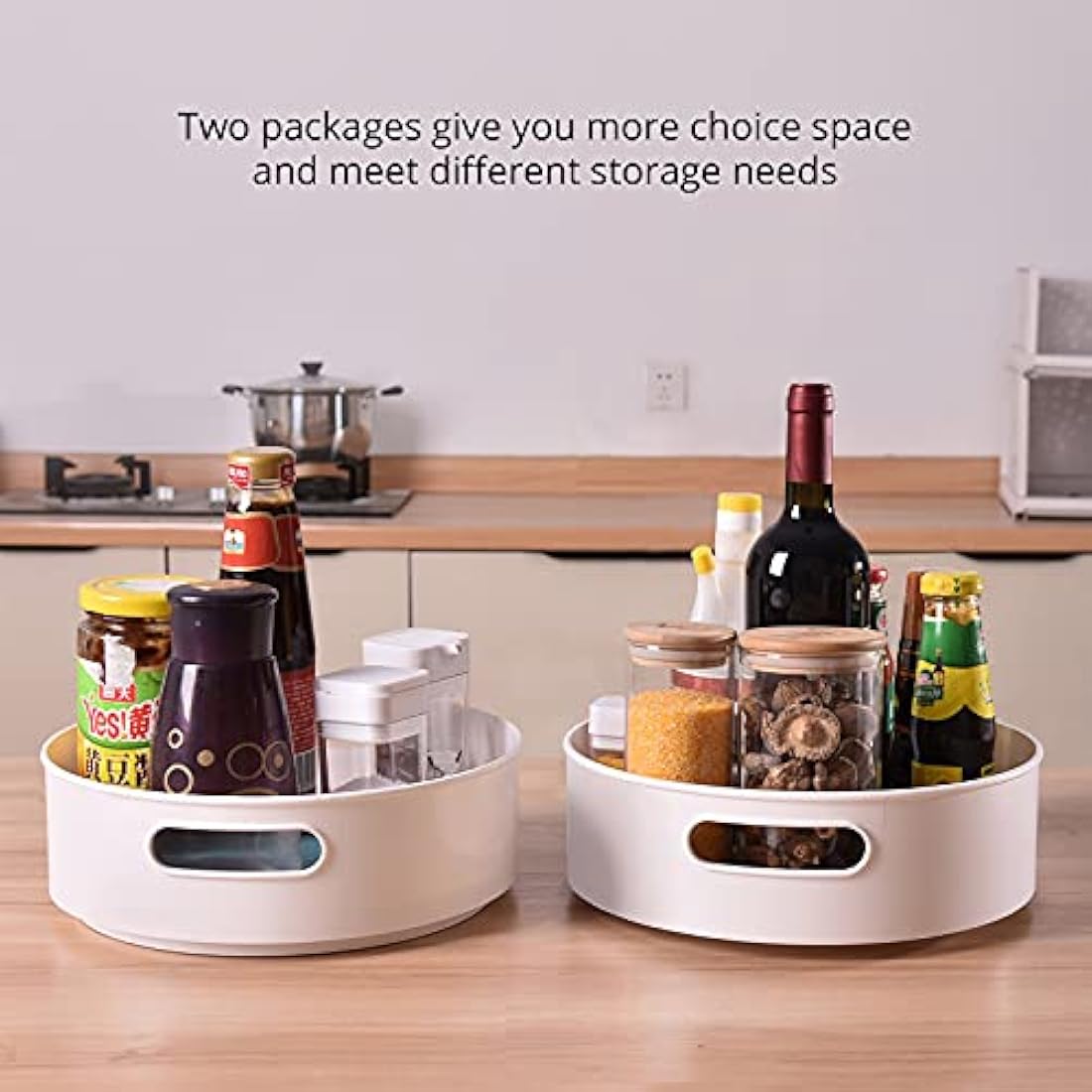 Semlos 2 Packs Lazy Susan Turntable Cupboard Organizers, Multi-Functional Spice Rack for Kitchen Storage, Revolving Condiment Holders, Non-Slip Storage Racks 9", Grey White