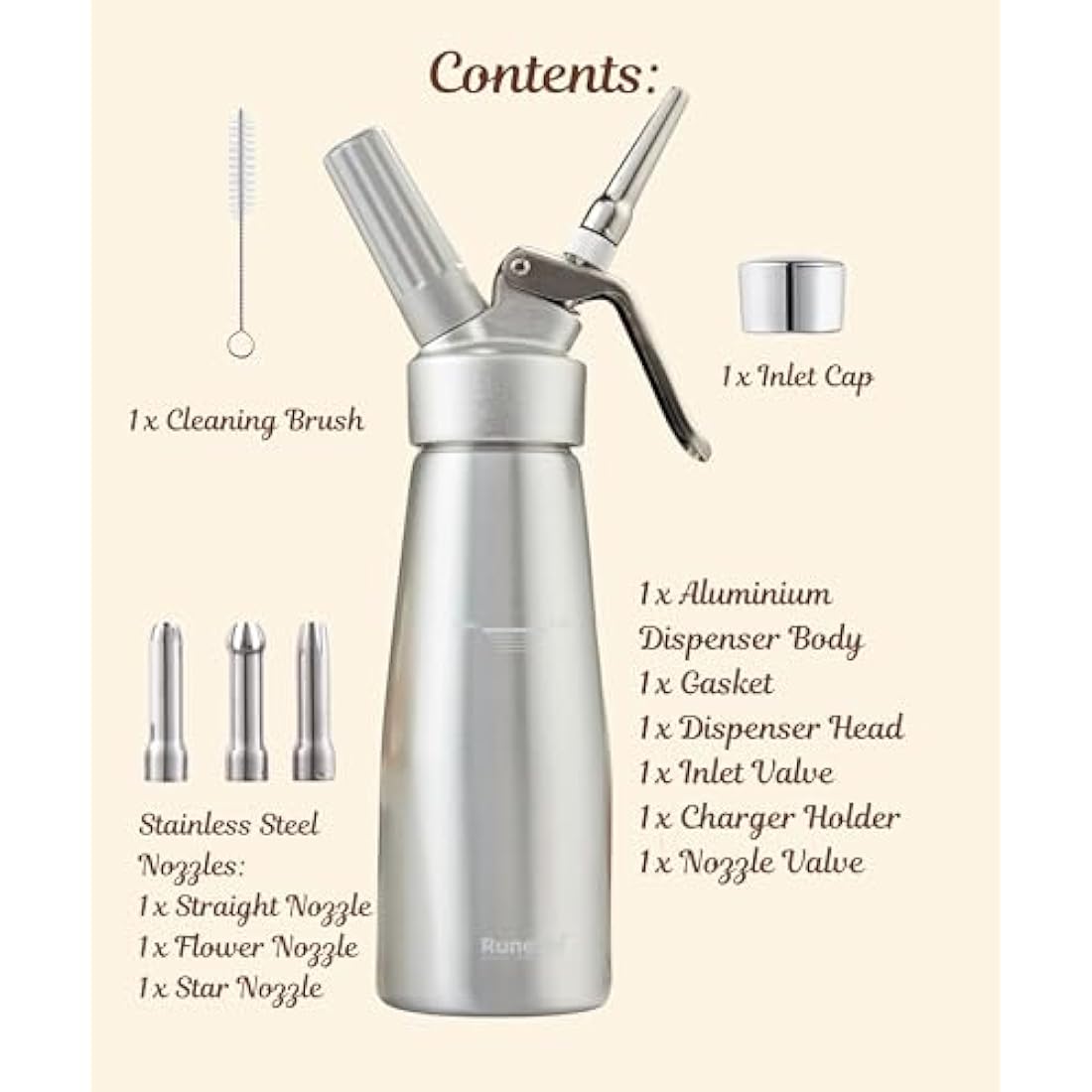 Runesol Professional Aluminium Whipped Cream Dispenser 500ml, Easy Clean Leak Free, 3 Stainless Steel Nozzles, Cream Whippers, Whipping Foam Syphon, Chef Espuma Gun, Whip Cream Desserts, Baking Gift