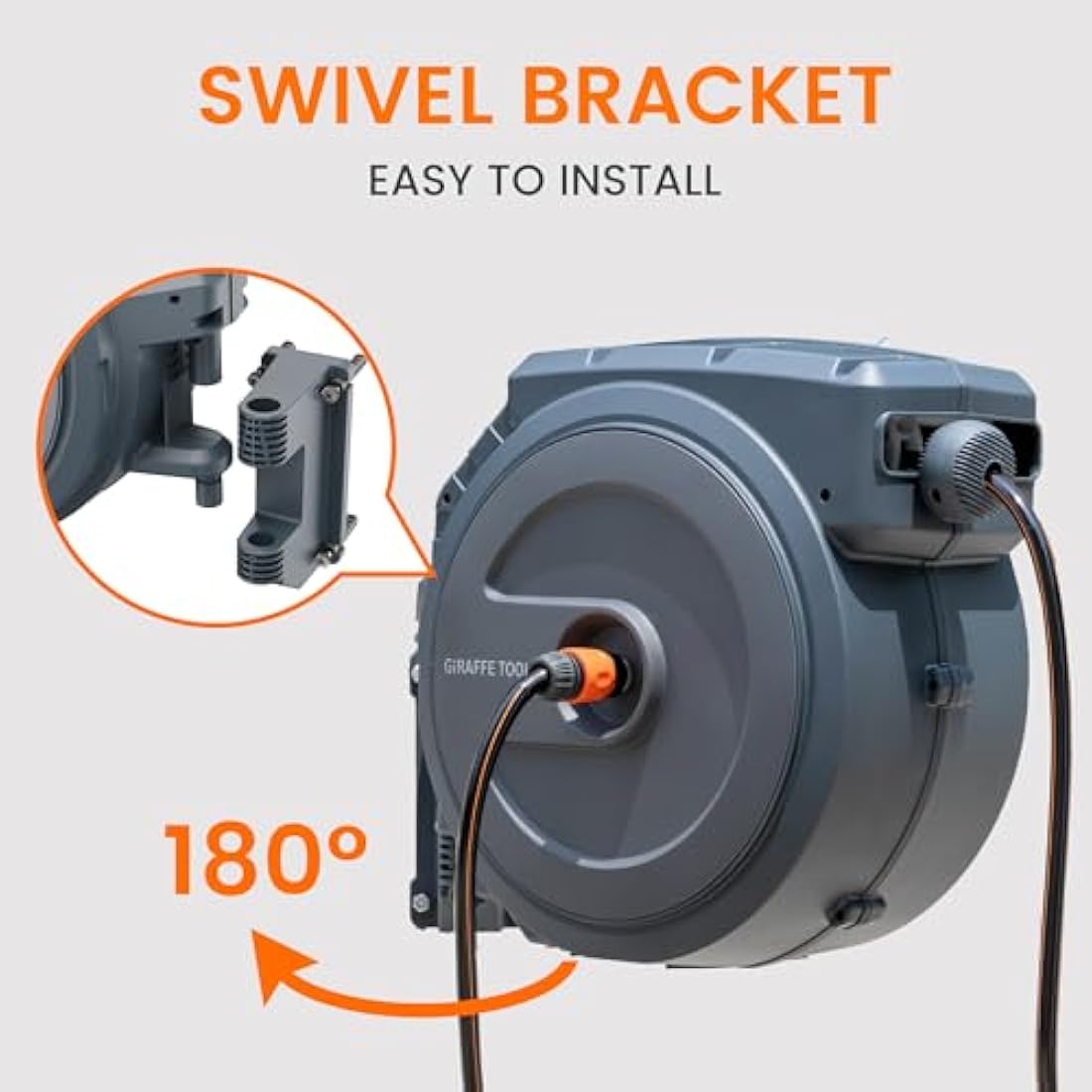 Giraffe Tools Retractable Hose Reel Wall Mounted, 35+2m Garden Hose Reel, 180° Pivotal with 7 in 1 Spray Nozzle, Grey