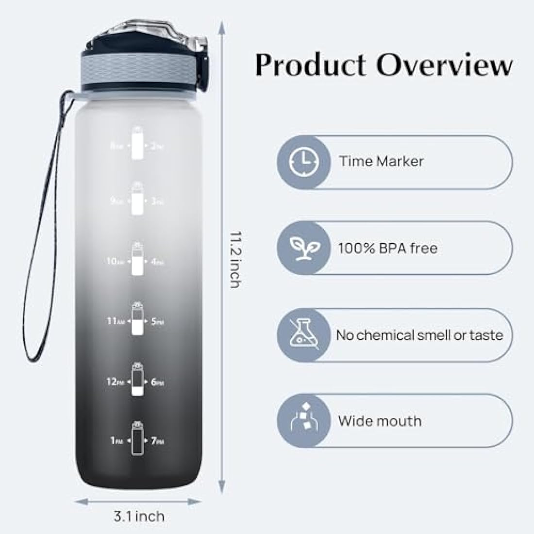 NAVTUE Water Bottle, 1L Sports Water Bottle with Straw, Time Markings, Leak Proof, Tritan BPA free for School, Cycling, Running (1 Bottle)