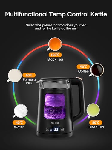 Electric Kettle, 1.7L Glass Tea Kettle, with Keep Warm, 5 Temperature Control, 2200W Fast Boil, Auto Shut-Off & Boil-Dry Protection, with 5 Colored