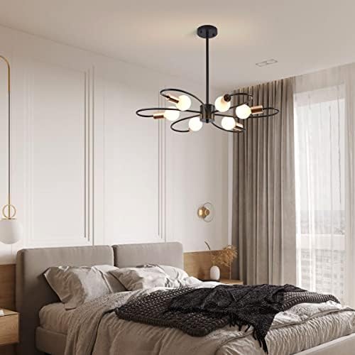 Qcyuui 6-Light Black Chandeliers, Gold Sputnik Ceiling Light, Vintage Instustrial Metal Pendant Light, Adjustable Height Chandeliers for Living Room Bedroom