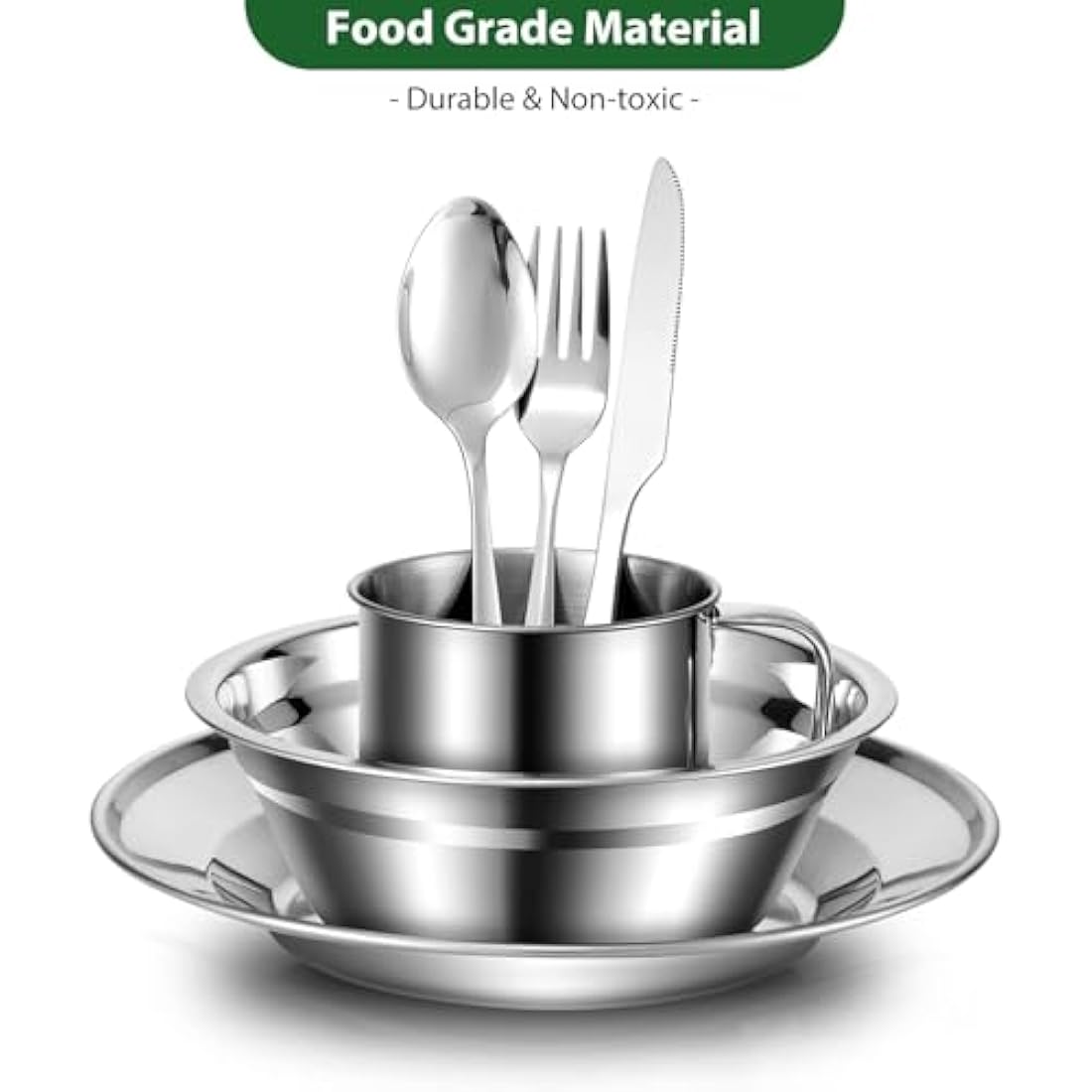Odoland Camping Cutlery Set - Stainless Steel Tableware Mess Kit Includes Plate Cup Fork Spoon, 8 in 1 Flatware Kit with Mesh Bag - Dinnerware Utensils Set for Outdoor Camping Hiking and Picnic