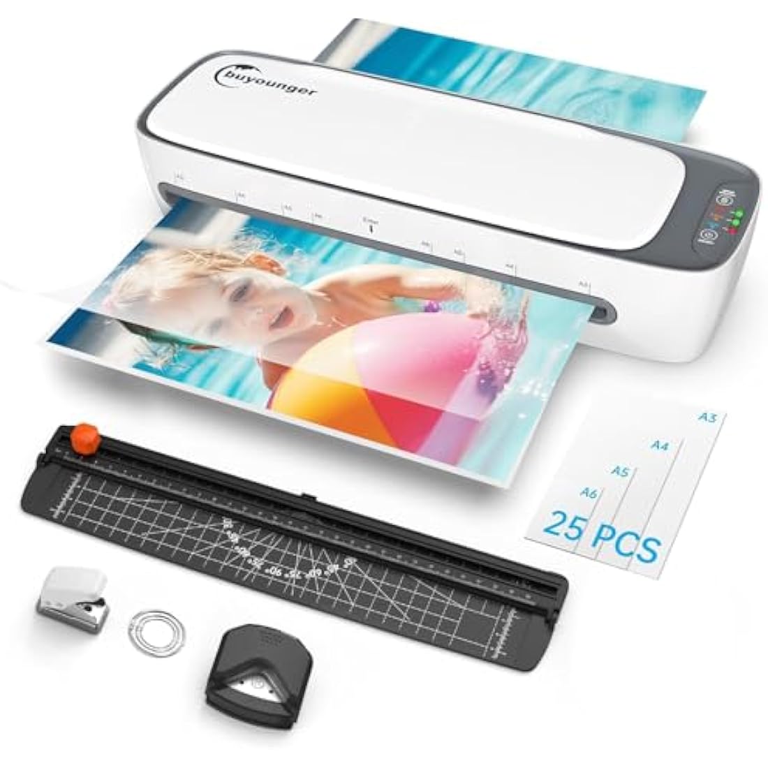 Buyounger Laminator, A3 Laminator Machine with 25 Pouches Thermal and Cold for A3 A4 A5 A6, 13 Inches Laminating Machine with 60s Warm-up for Home School Office