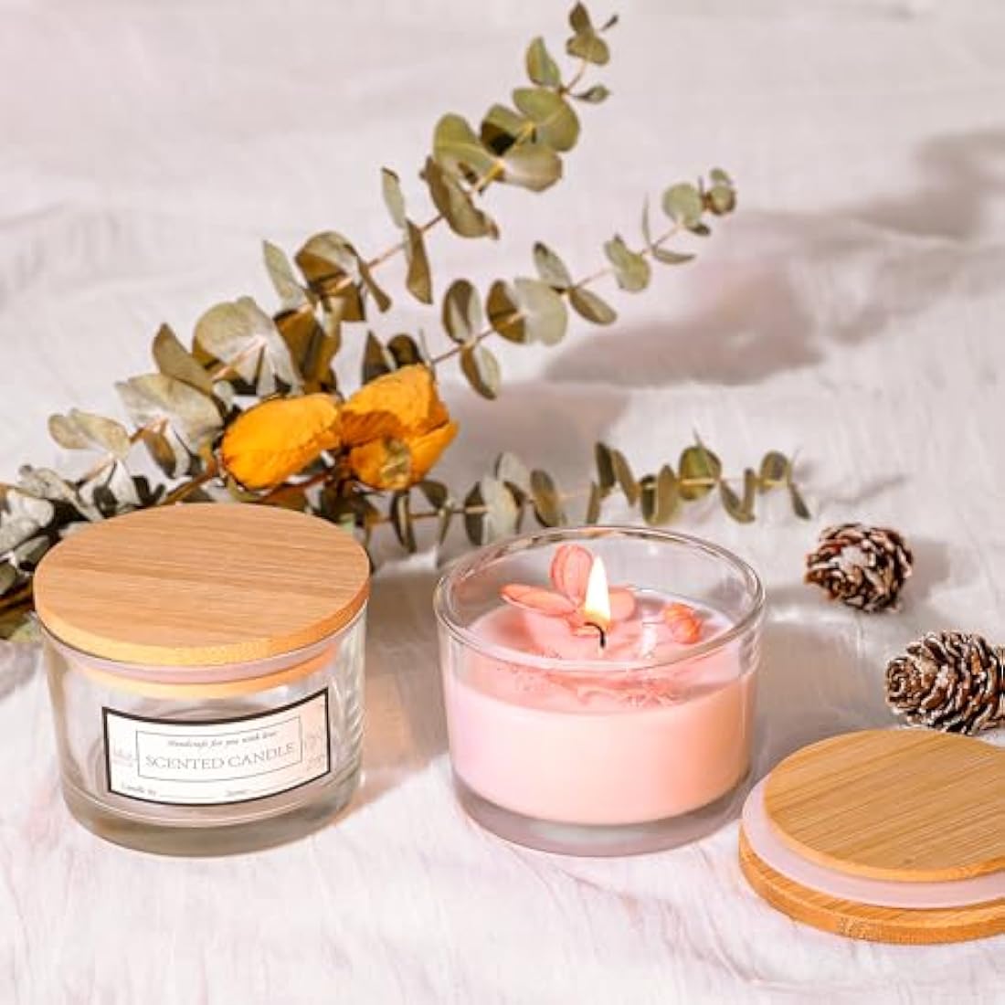 CONNOO 15 Pack 4 OZ Clear Glass Candle Jars with Airtight Bamboo Lids, Bulk Small Wide Mouth Empty Candle Containers with Sticky Warning Labels - Dishwasher Safe
