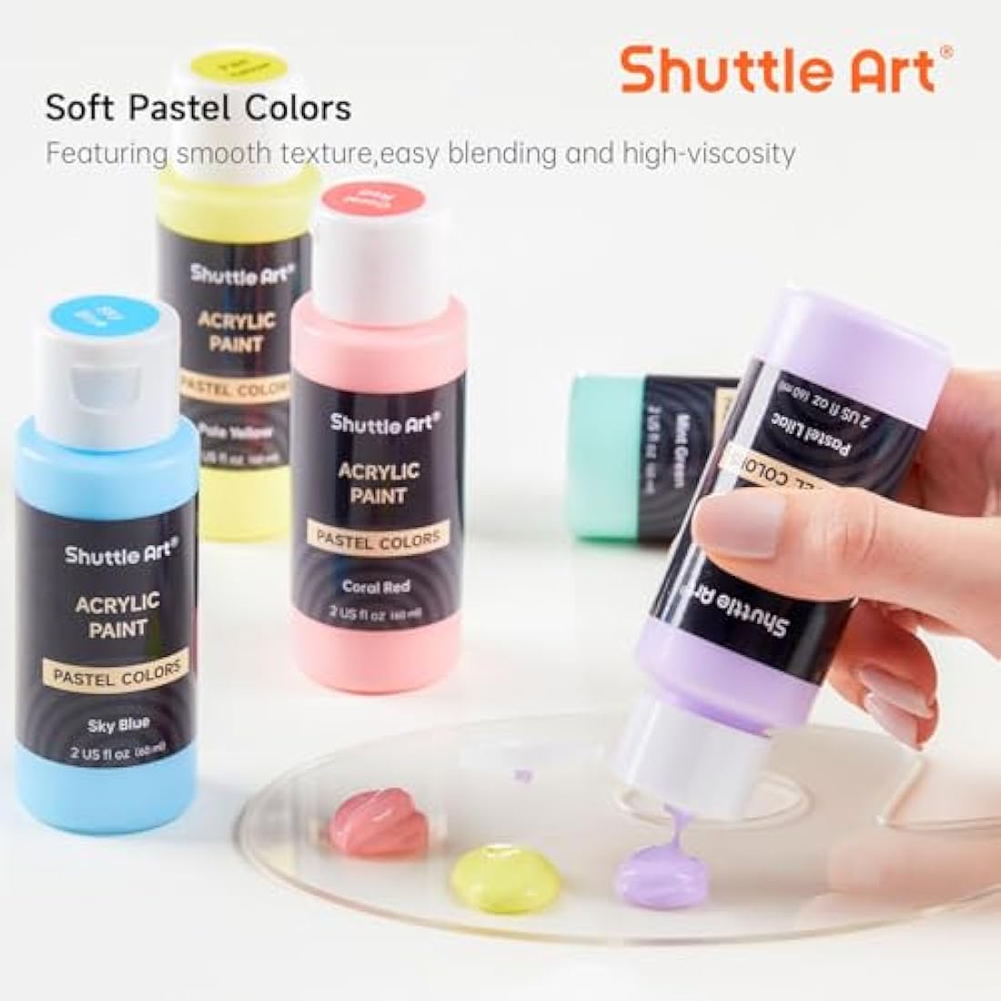 Shuttle Art 40 Pack Pastel Acrylic Paints Set, 30 Colours with 10 Paint Brushes, 60ml/2oz Bottle, High Viscosity, Waterproof for Painting & Crafting on Canvas, Rock, Ceramic, Fabric