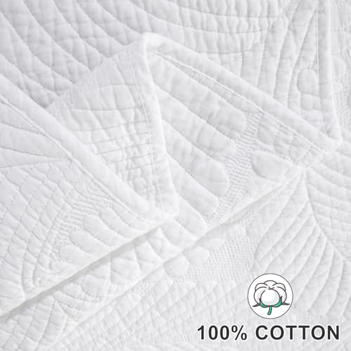 Qucover Quilted Bedspreads Soft and Comfortable Cotton Bedspread Super King Size with Elegant Embroidered Palm Leaf Pattern, 3 Pieces Bedspreads