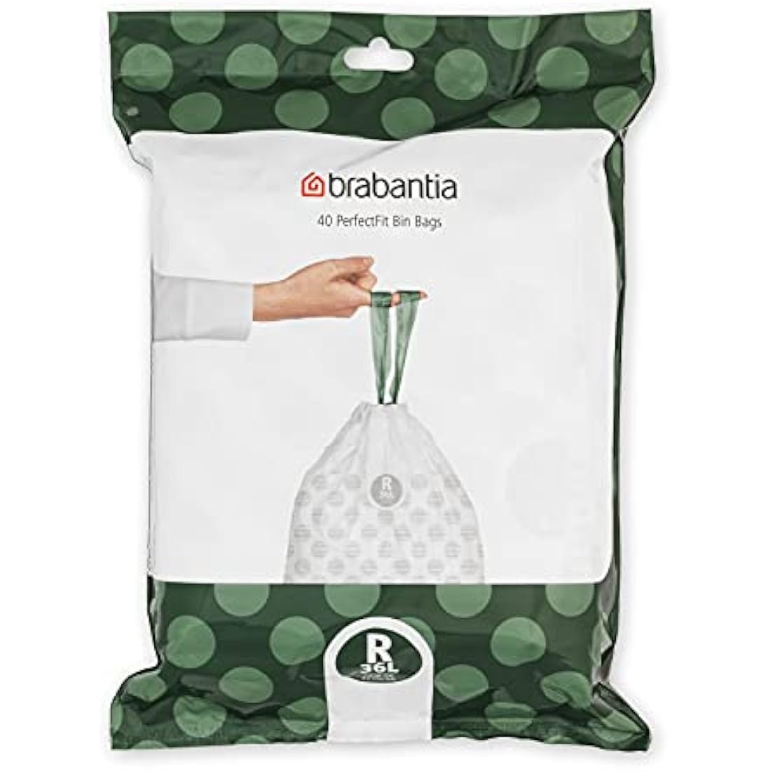 Brabantia 138546 PerfectFit Bin Liners (Size R/36 Litre) Thick Plastic Trash Bags with Tie Tape Drawstring Handles (40 Bags), White