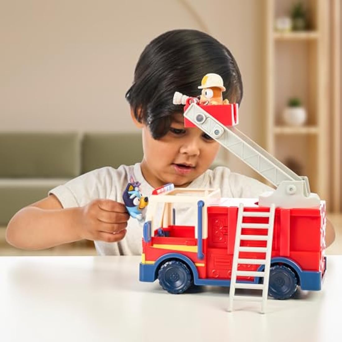 Bluey Firetruck, Firetruck, Exclusive Firefighter Bingo and Bob Bilby Figures Raise The Ladder, Spin It Around and Roll Out The Hose Includes Sticker Sheet