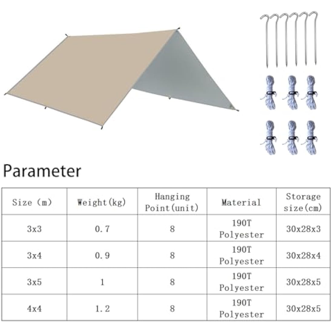 HIDEWALKER Camping Tarp Shelter 3x3m 3x4m 3x5m Lightweight Tent Tarpaulin Waterproof Tent Awning Canopy Basha Sunshade for Hiking Backpacking (Khaki, 4x4m)