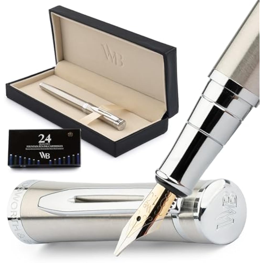 Wordsworth & Black Fountain Pen Set, Broad Nib, Includes 24 Pack Ink Cartridges, Ink Refill Converter & Gift Box, Chrome Finish, Calligraphy, [Silver Chrome], Perfect for Men & Women
