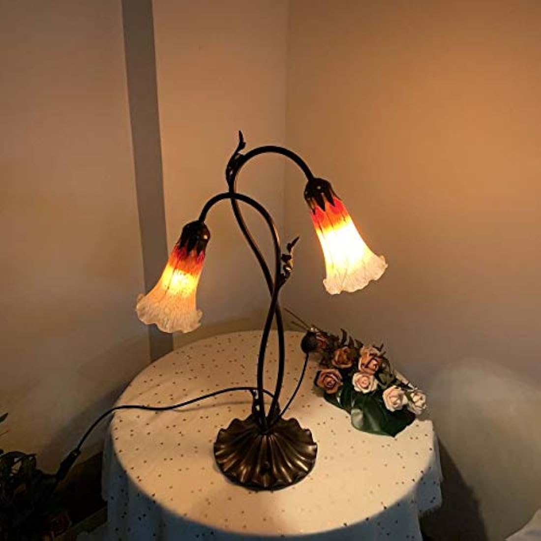 Bieye L30698 Lily Flower Blown Glass Accent Table Lamp for Living Room Bedroom Decoration (2-Light, Orange)