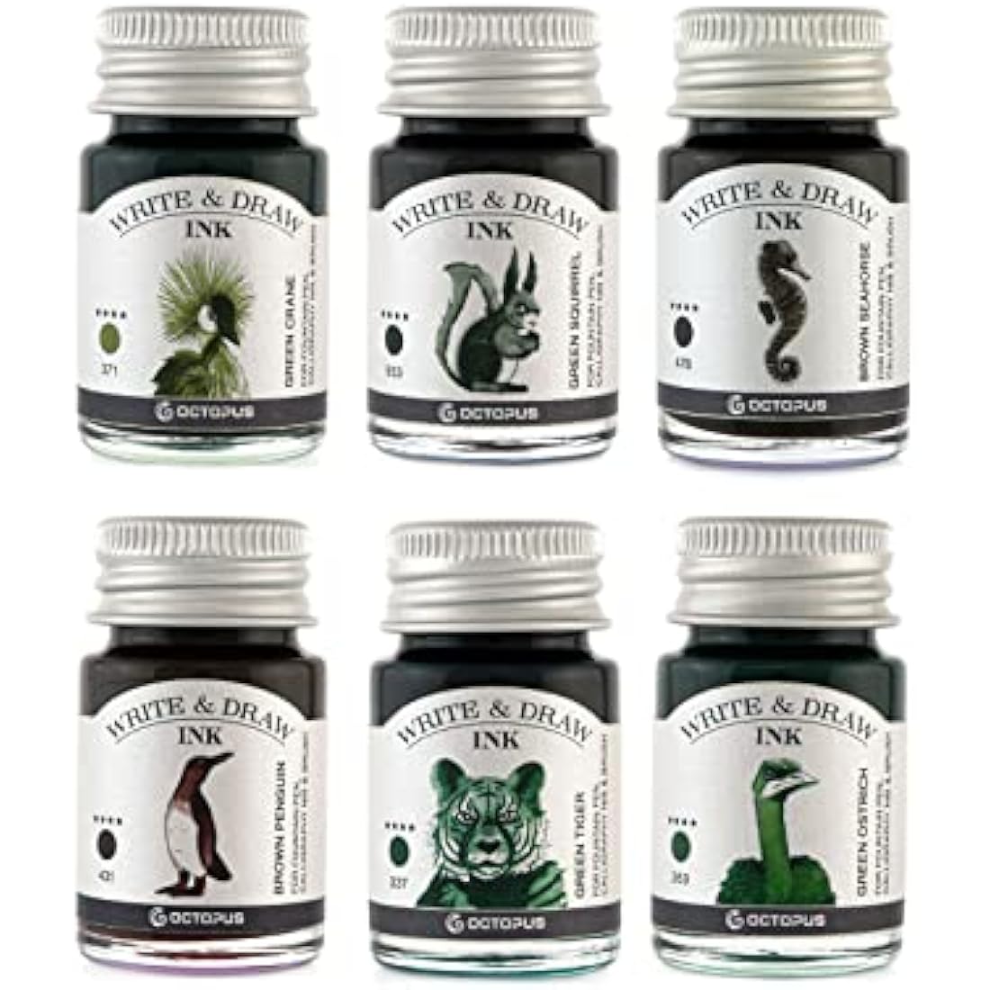Octopus Write and Draw Ink Set Forest Waterproof Ink for Writing and Drawing, Calligraphy Ink, Drawing Ink for Fountain Pen, 6 x 10 ml