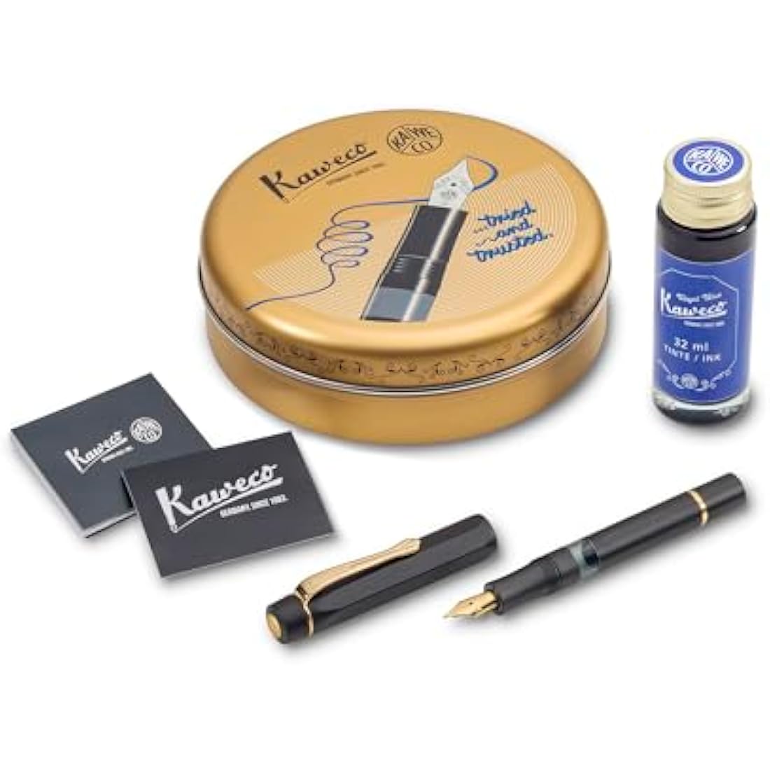 Kaweco PISTON SPORT AL Black/Gold Starter Set I Classic Fountain Pen with Steel Nib in Nostalgic Box including Ink Bottle in Royal Blue 13 cm I Nib: M (Medium)